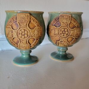 Vintage Studio Pottery Irish Chalice With Celtic Cross (Set Of 2)